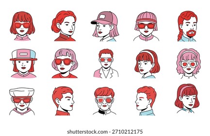 A collection of trendy red-haired characters illustrated in minimal line art style. Stylish avatars wearing sunglasses, perfect for modern design projects, profiles, and creative graphic use.