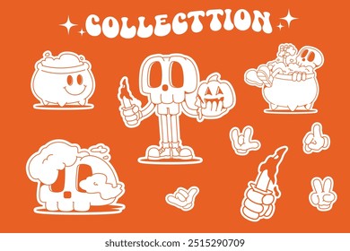 Collection of trendy retro Halloween stickers, patches, labels, tags, stamps. Funny Halloween Skeleton. Vector set Line Style