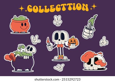 Collection of trendy retro Halloween stickers, patches, labels, tags, stamps. Funny Halloween Skeleton. Vector set Color