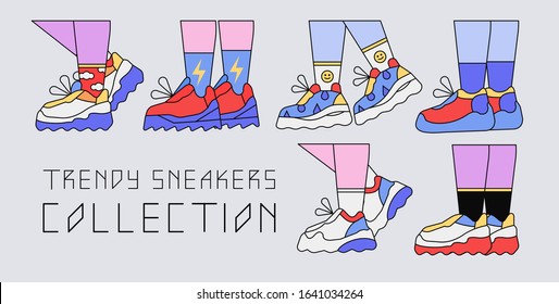 Collection of trendy retro sneakers with high socks. Outline flat style vector illustration for stickers, shoe or footwear shop banner, flyer, ad design. Set of female or male legs in platform shoes.