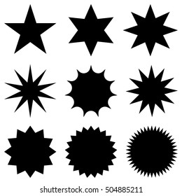 Collection of trendy retro stars shapes.Sunburst design elements set. Bursting rays clip art. Red sparkles. Best for sale sticker, price label, quality sign. Isolated on white.