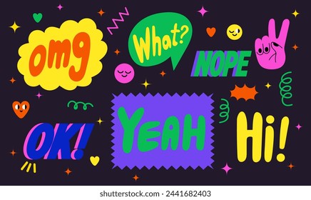 Collection of trendy retro sticker cartoon shapes. Funny comic character art and quote patch bundle. Modern slang word, catchphrase sign, text slogan.