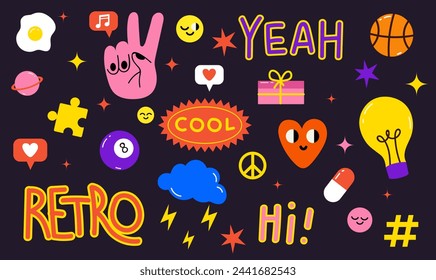 Collection of trendy retro sticker cartoon shapes. Funny comic character art and quote patch bundle. Modern slang word, catchphrase sign, text slogan.
