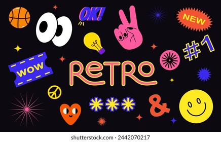 Collection of trendy retro sticker cartoon shapes. Funny comic character art and quote patch bundle. Modern slang word, catchphrase sign, text slogan.
