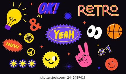 Collection of trendy retro sticker cartoon shapes. Funny comic character art and quote patch bundle. Modern slang word, catchphrase sign, text slogan.
