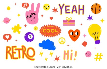 Collection of trendy retro sticker cartoon shapes. Funny comic character art and quote patch bundle. Modern slang word, catchphrase sign, text slogan.
