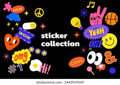 Collection of trendy retro sticker cartoon shapes. Funny comic character art and quote patch bundle. Modern slang word, catchphrase sign, text slogan. Collection of various patches, labels, tags