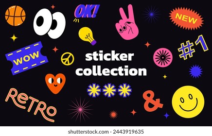 Collection of trendy retro sticker cartoon shapes. Funny comic character art and quote patch bundle. Modern slang word, catchphrase sign, text slogan. Collection of various patches, labels, tags