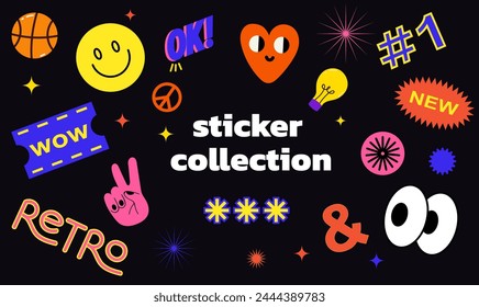 Collection of trendy retro sticker cartoon shapes. Funny comic character art and quote patch bundle. Modern slang word, catchphrase sign, text slogan. Collection of various patches, labels, tags
