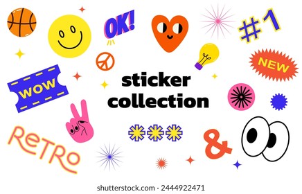 Collection of trendy retro sticker cartoon shapes. Funny comic character art and quote patch bundle. Modern slang word, catchphrase sign, text slogan.
