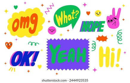 Collection of trendy retro sticker cartoon shapes. Funny comic character art and quote patch bundle. Modern slang word, catchphrase sign, text slogan.
