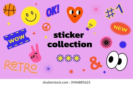 Collection of trendy retro sticker cartoon shapes. Funny comic character art and quote patch bundle. Modern slang word, catchphrase sign, text slogan.
