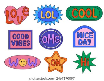 Collection of trendy retro sticker cartoon geometric shapes. Funny quote sign patch Set. Good Vibes, Nice Day, Wow, Lol, Love, OMG and Hello. Flat Vector Design.