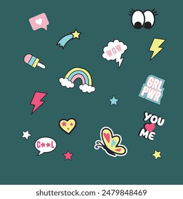 Collection of trendy retro sticker cartoon shapes. Funny comic character art and quote patch bundle. Modern slang word, catchphrase sign, text slogan.