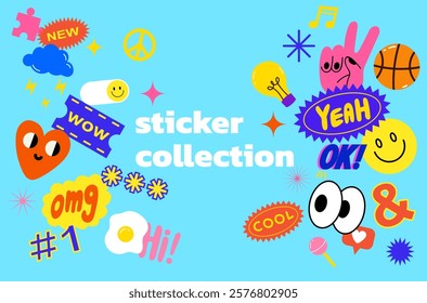 Collection of trendy retro sticker cartoon shapes. Funny comic character art and quote patch bundle. Modern slang word, catchphrase sign, text slogan.
