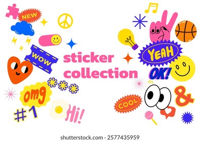 Collection of trendy retro sticker cartoon shapes. Funny comic character art and quote patch bundle. Modern slang word, catchphrase sign, text slogan.
