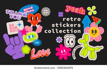 Collection of trendy retro stickers, patches, labels, tags, stamps. Yeah, thank you, good vibes, love. Groovy hipster 90s style stickers. Vector set isolated background