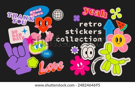 Collection of trendy retro stickers, patches, labels, tags, stamps. Yeah, thank you, good vibes, love. Groovy hipster 90s style stickers. Vector set isolated background