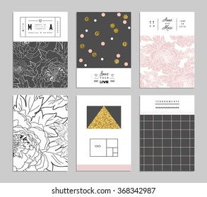 Collection of trendy romantic invitations with flowers and gold glitter texture. Wedding, marriage, bridal, birthday, Valentine's day. Isolated. Template design. Vector