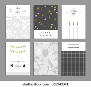 Collection of trendy romantic invitations with flowers and gold glitter texture. Wedding, marriage, bridal, birthday, Valentine's day. Template design. Isolated. Vector