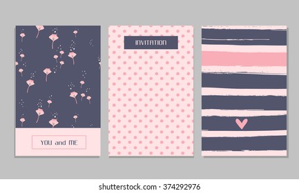 Collection of trendy romantic invitations with Hand Drawn Textures. Templates for Placards, Posters, Flyers and Banner Designs, Printable Journals Card