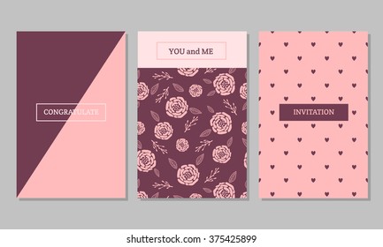 Collection of trendy romantic invitations with Hand Drawn Textures. Templates for Placards, Posters, Flyers and Banner Designs, Printable Journals Card
