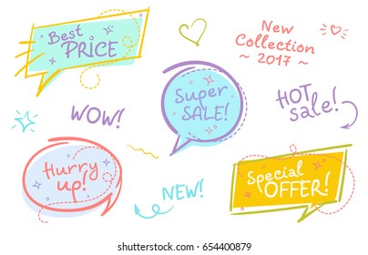 Collection of Trendy Sale Speech Bubbles with Handwritten Text and Doodle Elements. Flat Hand Drawn Shape, Comic and Pop Art Style. Brush Stroke Badges. Shopping Sticker, Bright Vintage Colors.