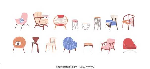 Collection of trendy scandinavian chairs isolated on white background. Comfortable armchair and stylish stool bundle. Set of simple and fashionable furniture elements. Vector illustration.