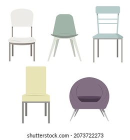 Collection of trendy scandinavian chairs isolated on white background. Comfortable armchair and stylish stool bundle. Set of simple and fashionable furniture elements. Vector illustration.
