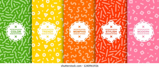 Collection of trendy seamless bright vector patterns - memphis design. Colorful creative backgrounds - retro fashion style 80-90s