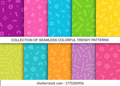 Colección de patrones vectoriales brillantes y modernos - diseño memphis. Coloridos orígenes creativos - estilo de moda retro de los años 80-90