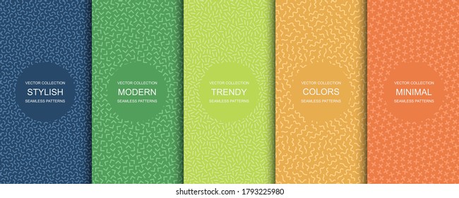 Collection of trendy seamless bright vector patterns - minimal design. Colorful vibrant backgrounds - retro fashion style 80-90s