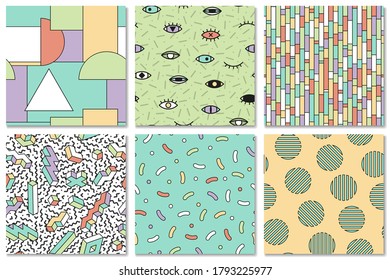 Collection of trendy seamless colorful patterns with creative geometric shapes. Vibrant design, fashion retro style 80 - 90s. Artistic bright abstract backgrounds