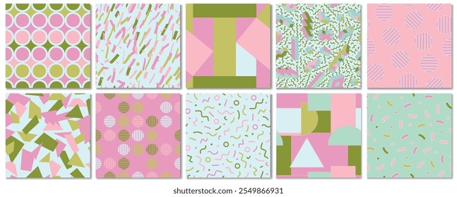 Collection of trendy seamless colorful patterns with creative geometric shapes. Vibrant abstract design, fashion retro style 80 - 90s. Creative hipster backgrounds