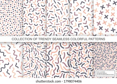 Collection of trendy seamless delicate patterns. Retro style - fashion 80-90s. Color mosaic textures - textile backgrounds. You can find repeatable design in swatches panel.