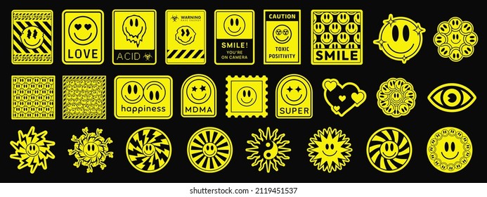 Collection Of Trendy Smile Stickers. Set Of Cool Acid Style Badges. Rave Graphics. Emoticon Patches.