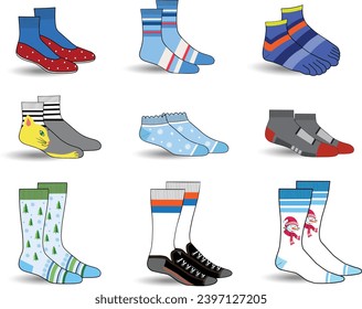 Collection of trendy socks. Vector illustration.