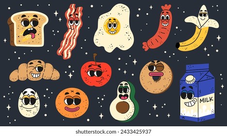 Colección de pegatinas de moda con personajes de dibujos animados. Set de desayuno retro groovy element. Croissant, tostadas, pan, bacon, huevos, salchichas, frutas, leche. Personajes de dibujos animados, cara de sonrisa de garabato.