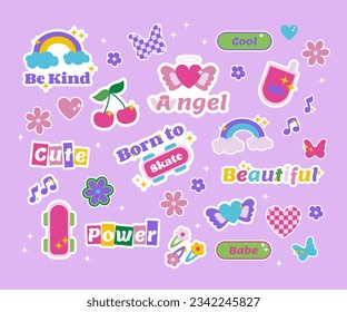 Collection of trendy stickers in 90s, 2000s style. Y2k butterfly, girls design elements, flowers, hearts, motivation illustration. Vector