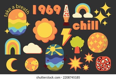 Collection of trendy stickers. Retro badges. Abstract shapes and doodles. Good Vibes, Positive Energy. Flat Vector Illustration