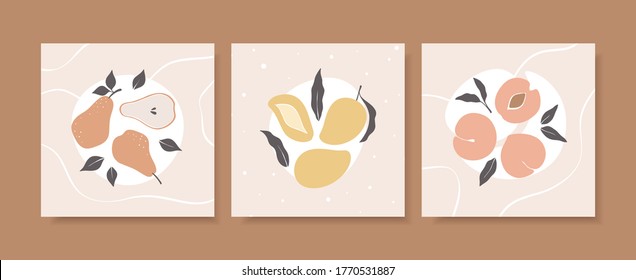 Collection of trendy summer backgrounds in pastel colors. Abstract hand drawn pear, mango and paech. Vector set of templates for social media, postcards, print, cards, etc.
