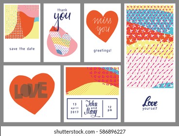 Collection of trendy Valentines day creative cards with floral elements and different textures. Collage. Design for prints, posters, cards, etc. Vector.