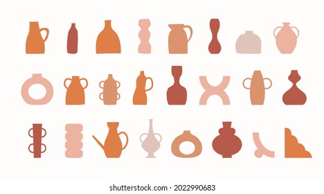 Collection of trendy vases. Minimalist antique ceramic pottery for interior. Set of earthy jags and flower pots in minimalistic pastel terracotta colors. Vector boho scandinavian style illustration.