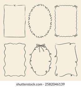 Collection of trendy vector hand drawn frames with wavy lines and bows