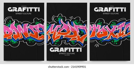 collection of trendy vector posters with graffiti and splatter elements on isolated background with paper texture.