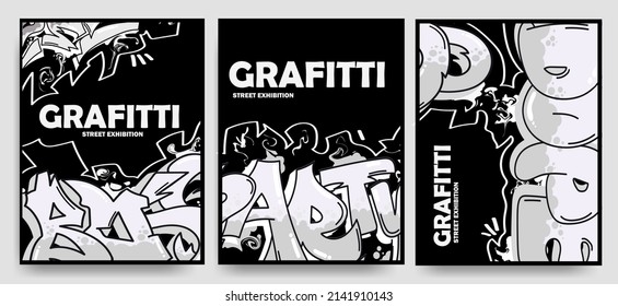 Collection of trendy vector posters with graffiti and splatter elements on isolated background