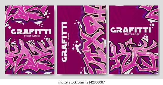 Collection of trendy vector posters with graffiti and splatter elements on isolated background with paper texture