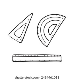 Kollektion von Dreieck-Linealen, Winkelmesser für die Messung der Schulgeometrie in Schwarz isoliert auf weißem Hintergrund. Handgezeichnete Vektorgrafik Skizze Illustration in Doodle graviert Vintage Line Art Stil.