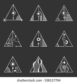 Collection of triangles, separated with lines and circles. Set of geometric elements, isolated on dark background. Line design. Abstract sacred geometry triangles, logo. Vector illustration.