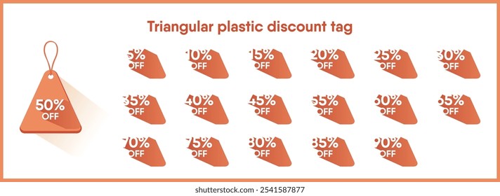Esta es una vibrante colección de etiquetas de descuento de plástico triangular que muestran elegantemente varios porcentajes de descuento